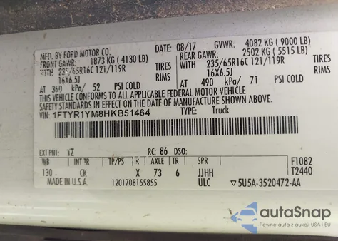 2017 Ford Transit-250 z USA, uszkodzony, nr VIN 1FTYR1YM8HKB51464